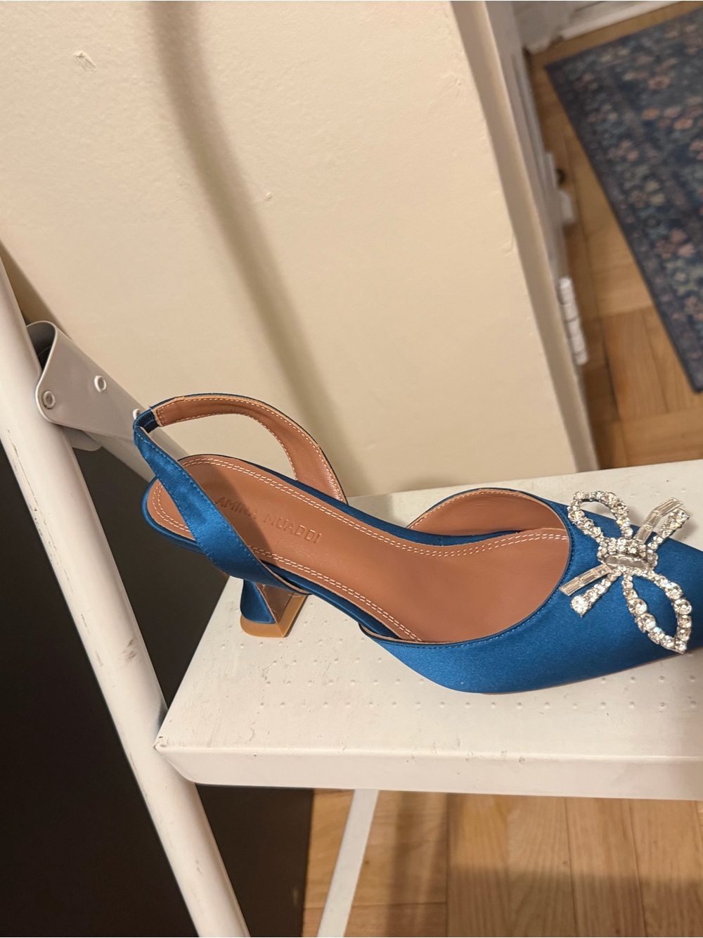 Women’s Blue Satin Slingback Heels with Crystal Bow